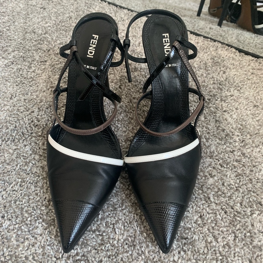 Fendi Black and White Leather and Lizard Embossed Strappy Heels